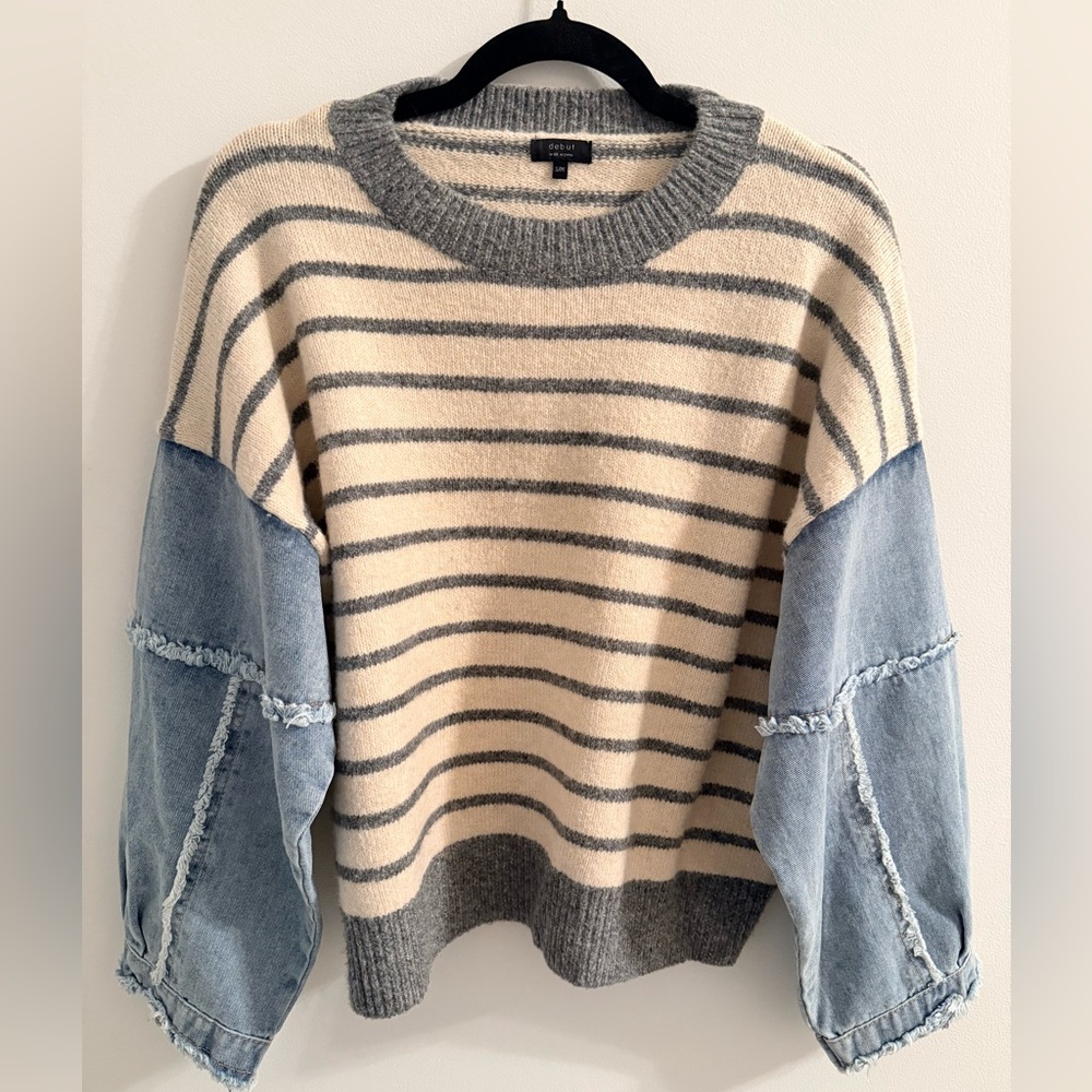 Debut Cream and Gray Striped Sweater with Denim Sleeves
